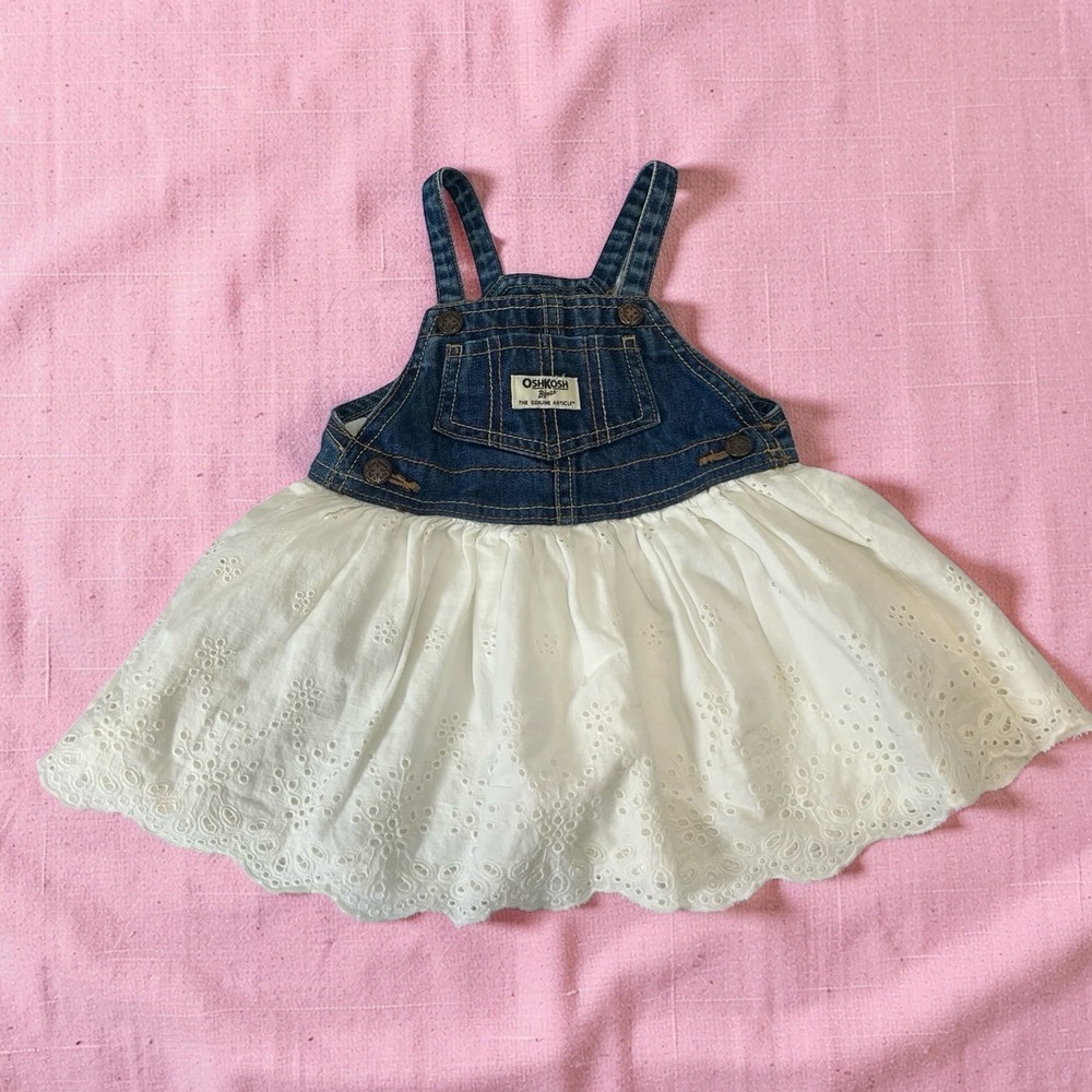 OshKosh Bgosh Baby Girls 12M Denim Eyelet Vestbak Jumper Dress White Blue